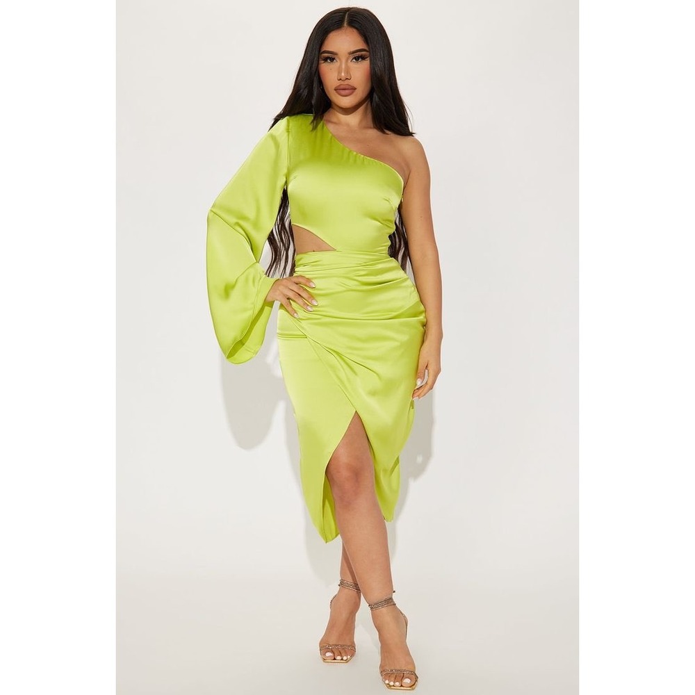 Fashion Nova Alison Satin Midi Dress Lime Green One Shoulder Cutout XL NWT